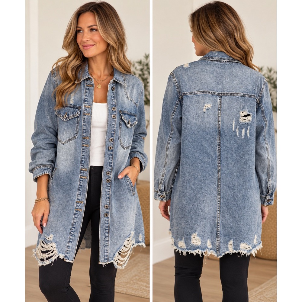 Veveret Distressed Longline Denim Jacket Duster Size L Light Wash